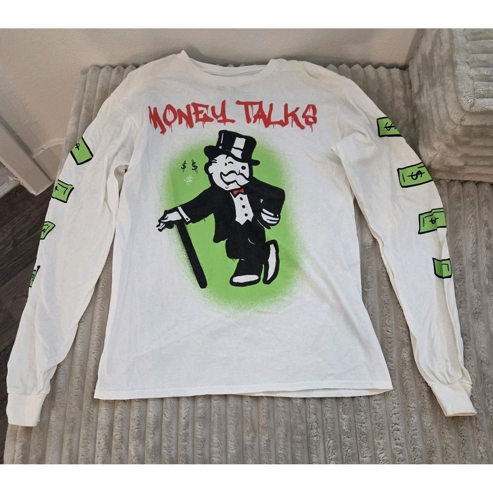 Mens Monopoly Medium white long sleeve t-shirt featuring a "Money Talks" $ Shirt